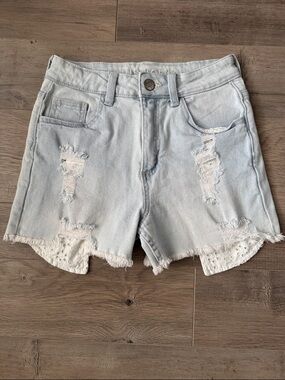 Justice Light Wash Distressed Denim Shorts with Lace Tr